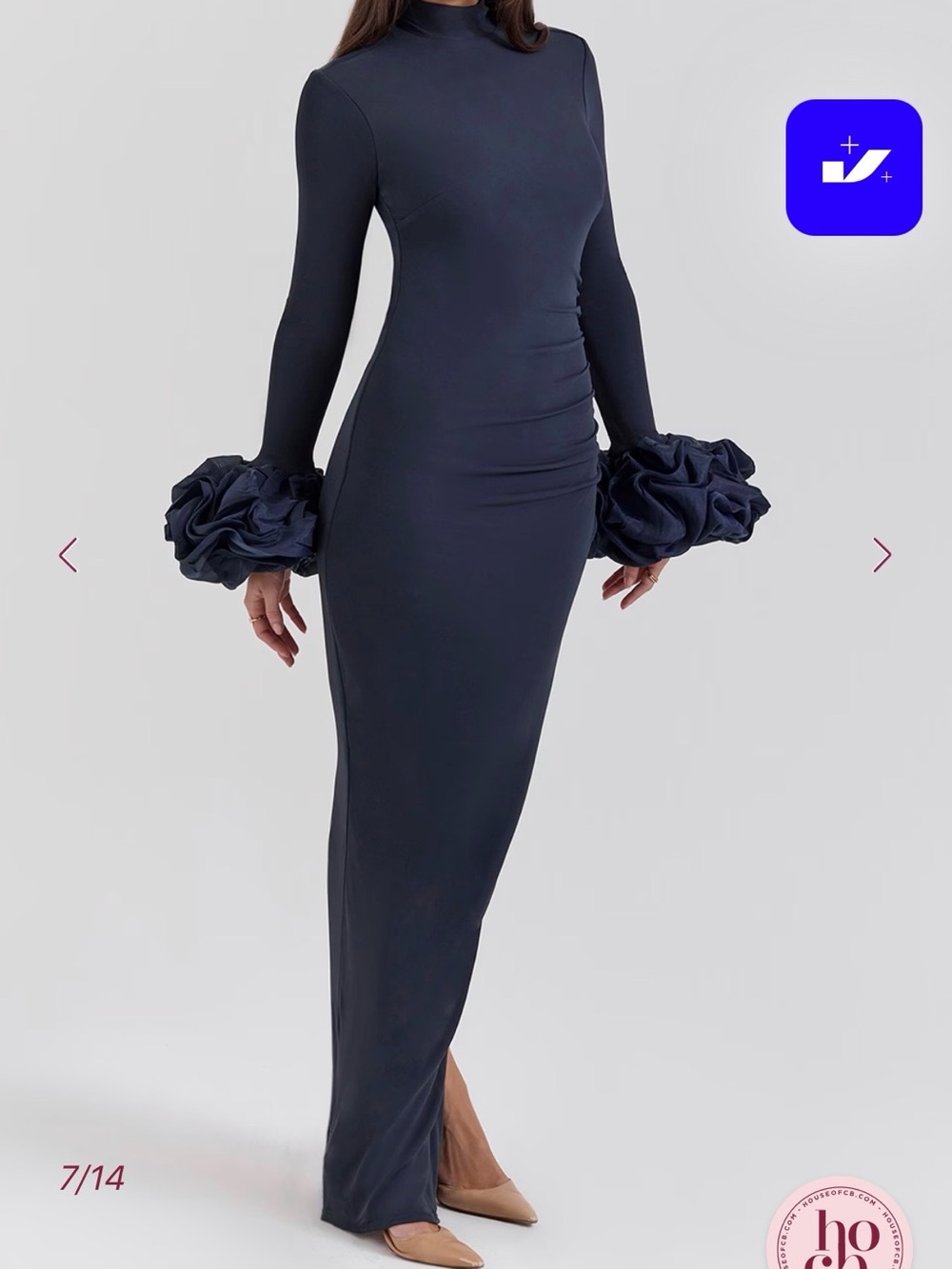 House of CB Fabienne Navy Long-Sleeve Maxi Gown with Floral Cuffs - Picture 6 of 9